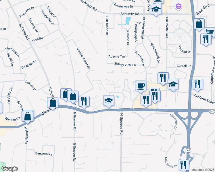 map of restaurants, bars, coffee shops, grocery stores, and more near 10860 Piccadilly Square Drive in St. Louis