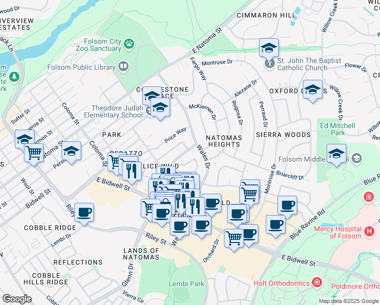 map of restaurants, bars, coffee shops, grocery stores, and more near 147 Glenn Drive in Folsom