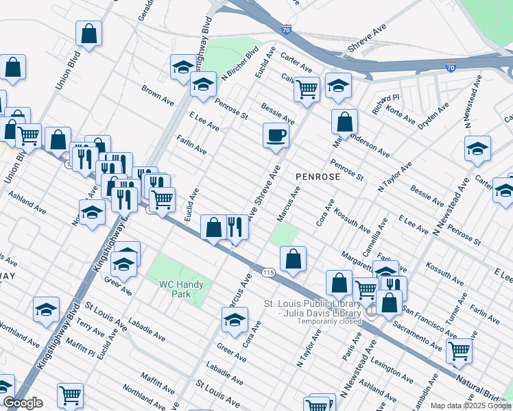 map of restaurants, bars, coffee shops, grocery stores, and more near Margaretta Ave & Shreve Ave in St Louis