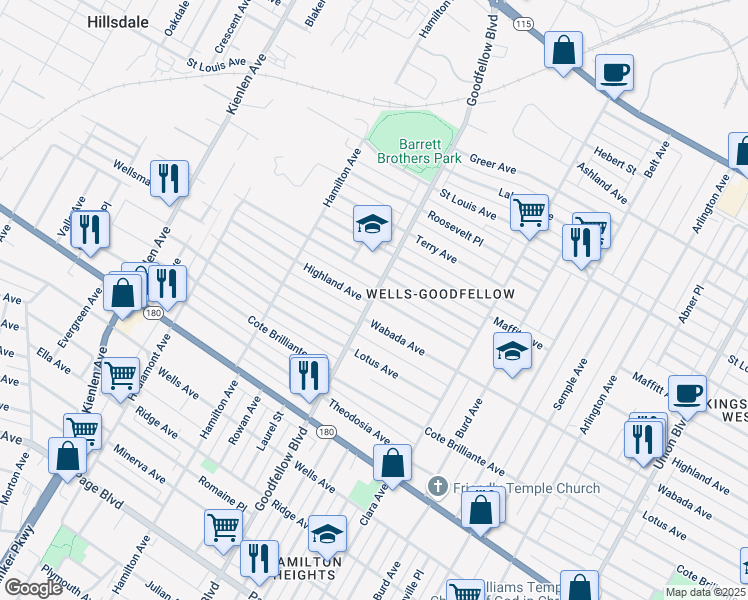 map of restaurants, bars, coffee shops, grocery stores, and more near 5749 Highland Avenue in Saint Louis