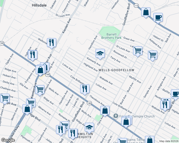 map of restaurants, bars, coffee shops, grocery stores, and more near 5853 Wabada Avenue in St. Louis