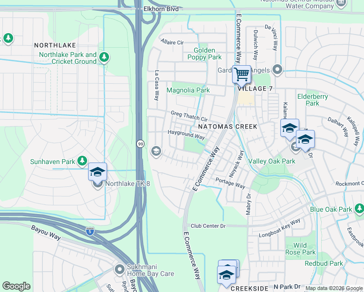 map of restaurants, bars, coffee shops, grocery stores, and more near 5409 Duck Walk Way in Sacramento