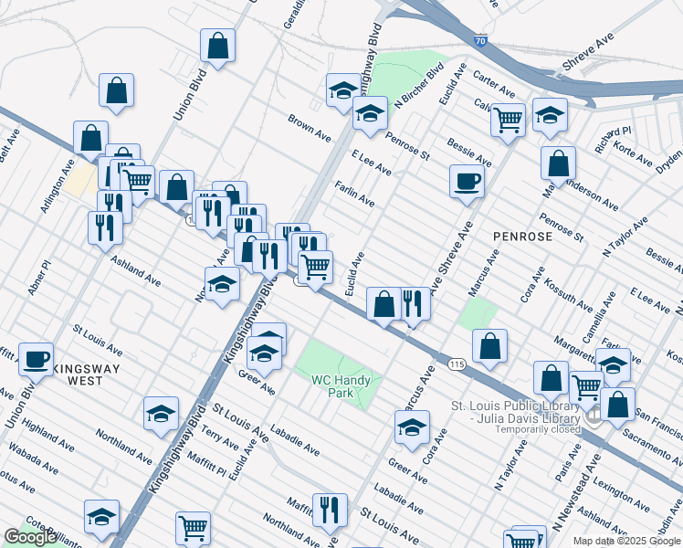map of restaurants, bars, coffee shops, grocery stores, and more near 4906 San Francisco Avenue in St. Louis