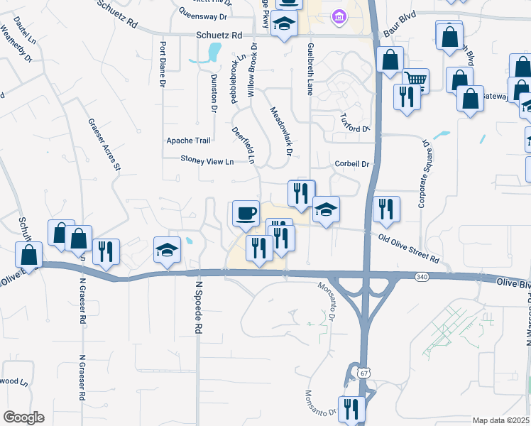 map of restaurants, bars, coffee shops, grocery stores, and more near 10483 Old Olive Street Road in Creve Coeur
