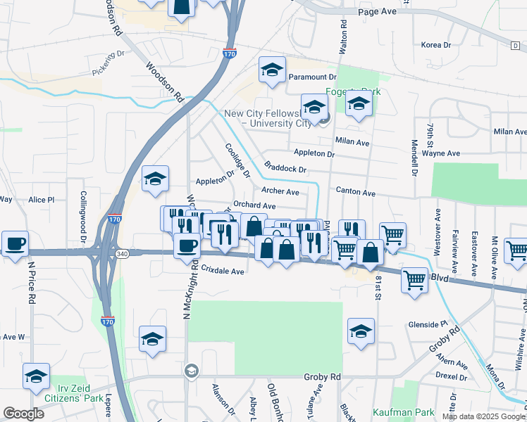 map of restaurants, bars, coffee shops, grocery stores, and more near 8358 Orchard Avenue in St. Louis