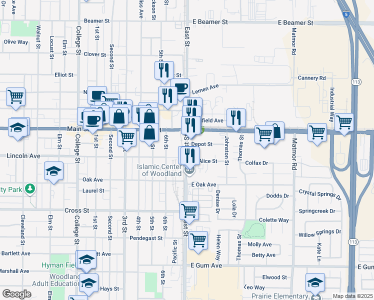 map of restaurants, bars, coffee shops, grocery stores, and more near 500-598 East St in Woodland