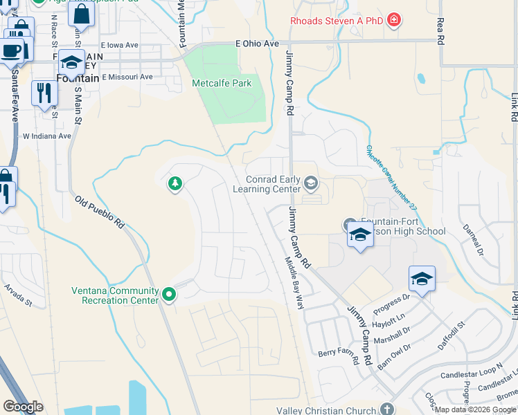 map of restaurants, bars, coffee shops, grocery stores, and more near 7387 Middle Bay Way in Fountain