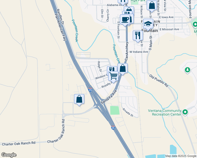 map of restaurants, bars, coffee shops, grocery stores, and more near 506 Windsor Lane in Fountain