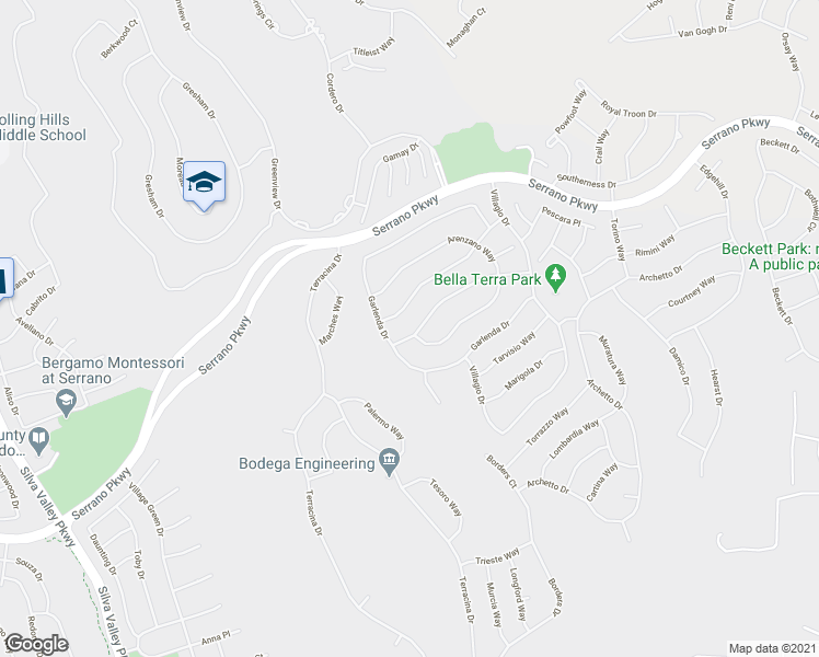 map of restaurants, bars, coffee shops, grocery stores, and more near 3023 Borgata Way in El Dorado Hills