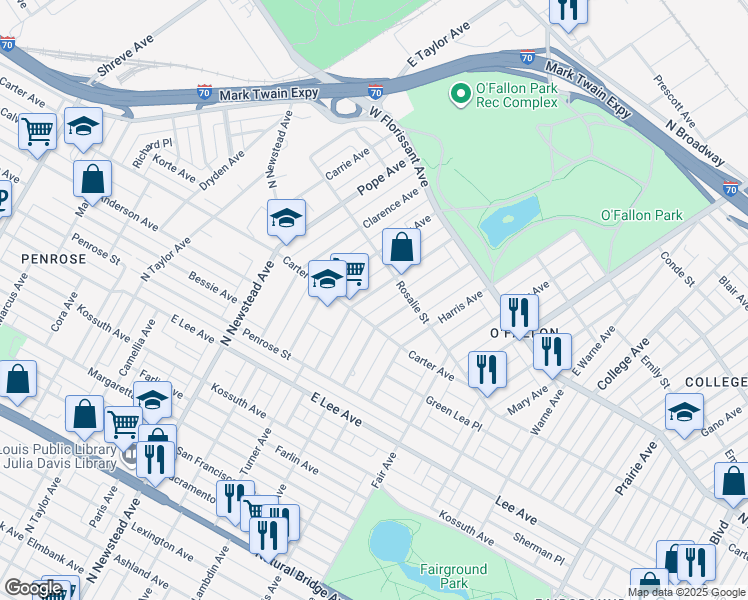 map of restaurants, bars, coffee shops, grocery stores, and more near 4424 Athlone Avenue in St. Louis