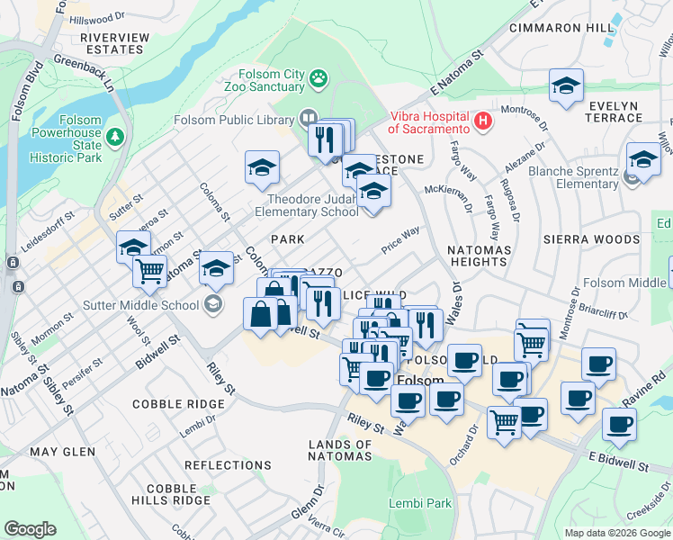 map of restaurants, bars, coffee shops, grocery stores, and more near 212 Price Way in Folsom