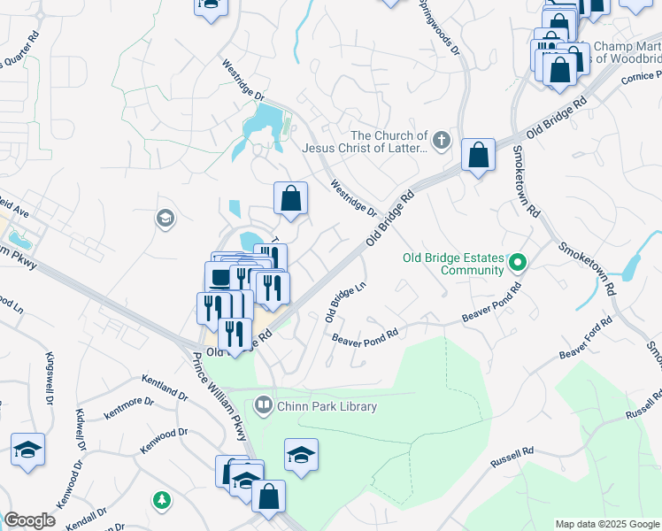 map of restaurants, bars, coffee shops, grocery stores, and more near 3982 Brussels Way in Woodbridge