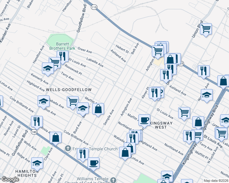 map of restaurants, bars, coffee shops, grocery stores, and more near 2858 Belt Avenue in St. Louis