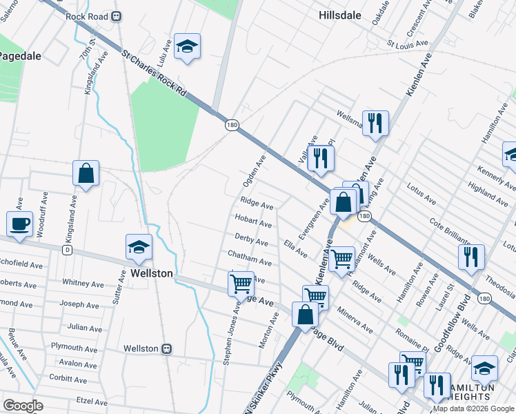 map of restaurants, bars, coffee shops, grocery stores, and more near 6426 Ridge Avenue in St. Louis