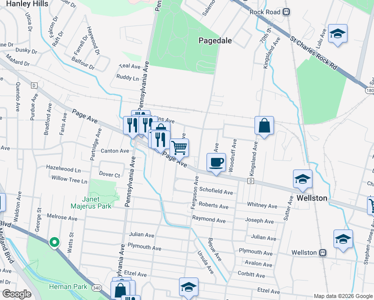 map of restaurants, bars, coffee shops, grocery stores, and more near 1321 Leroy Avenue in St. Louis