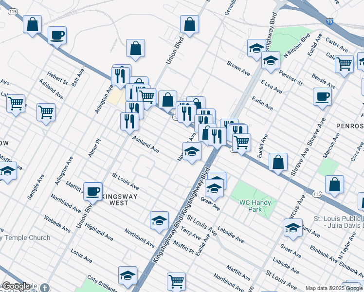 map of restaurants, bars, coffee shops, grocery stores, and more near 5101 Lexington Avenue in St. Louis