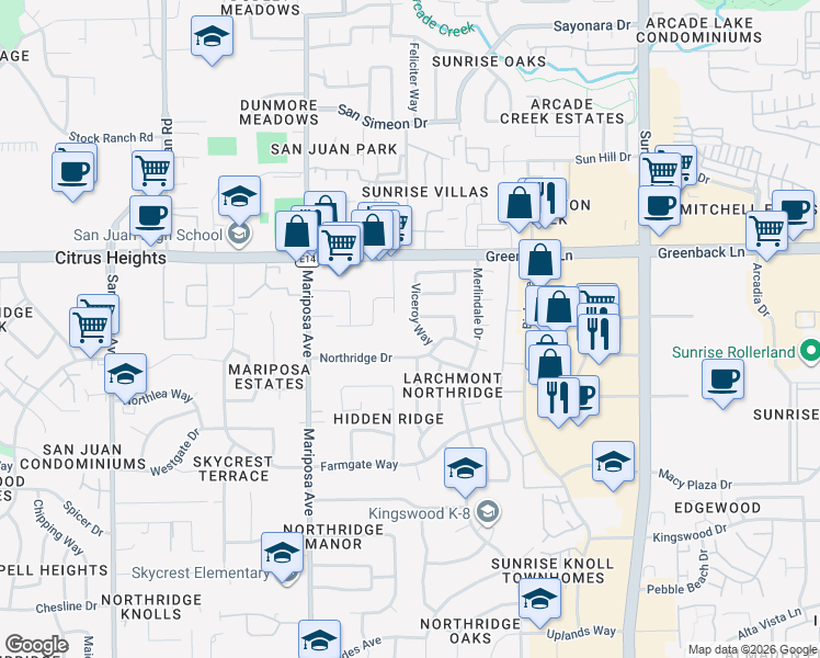 map of restaurants, bars, coffee shops, grocery stores, and more near 6017 Viceroy Way in Citrus Heights