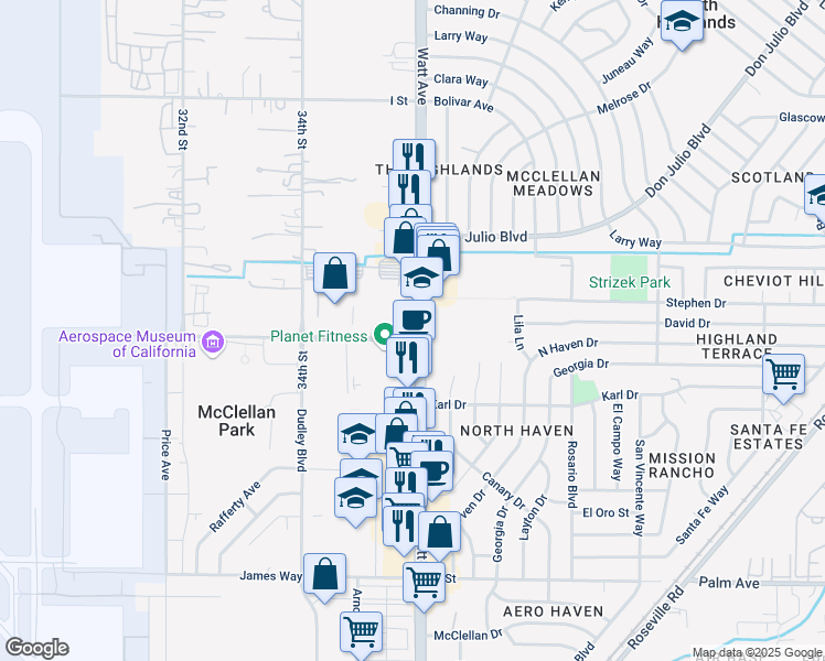 map of restaurants, bars, coffee shops, grocery stores, and more near 6001 Watt Avenue in North Highlands