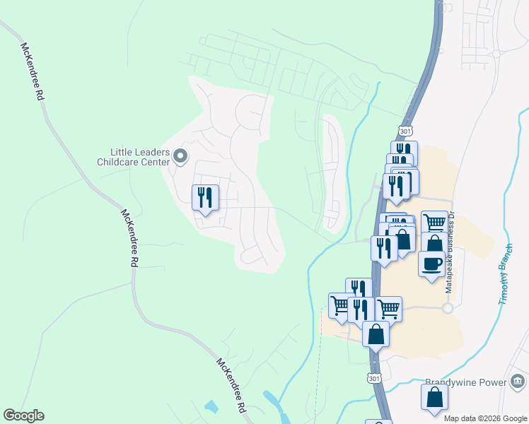 map of restaurants, bars, coffee shops, grocery stores, and more near 15601 Gillmore Greens Court in Brandywine