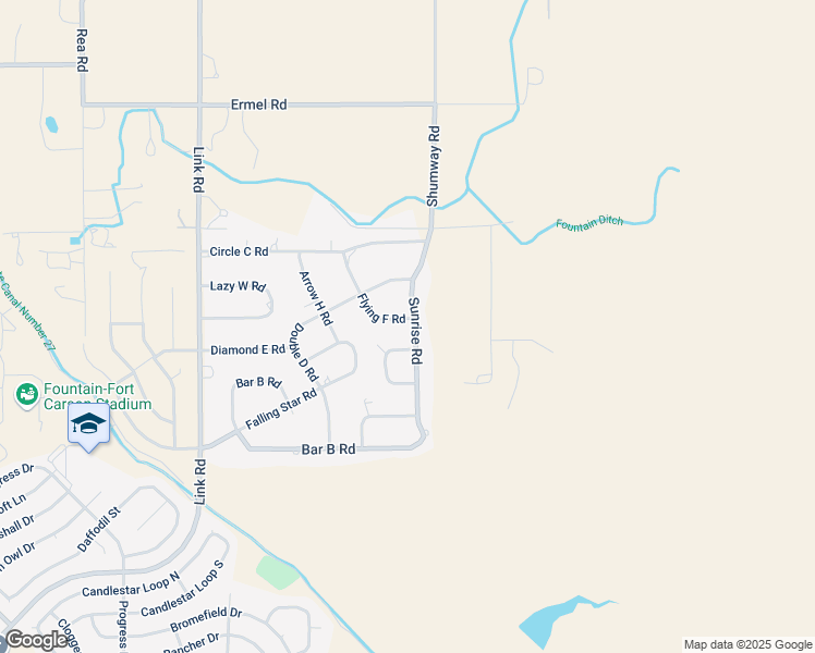 map of restaurants, bars, coffee shops, grocery stores, and more near 10760 Flying F Road in Fountain