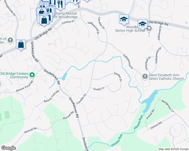 map of restaurants, bars, coffee shops, grocery stores, and more near 12543 Cavalier Drive in Woodbridge