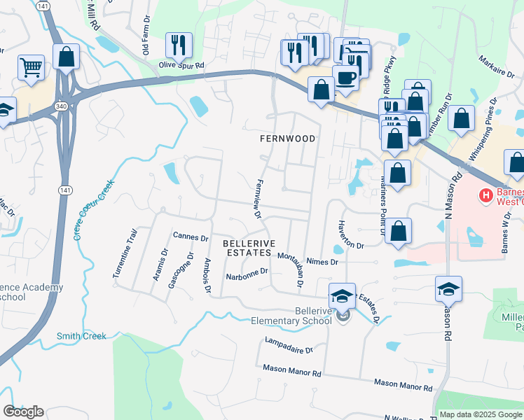 map of restaurants, bars, coffee shops, grocery stores, and more near 860 Fernview Drive in Creve Coeur