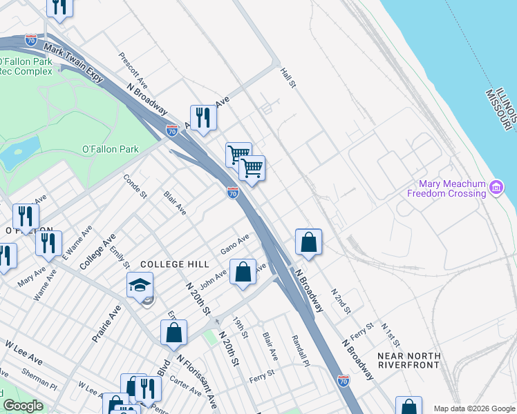 map of restaurants, bars, coffee shops, grocery stores, and more near 5001 North Broadway in St. Louis