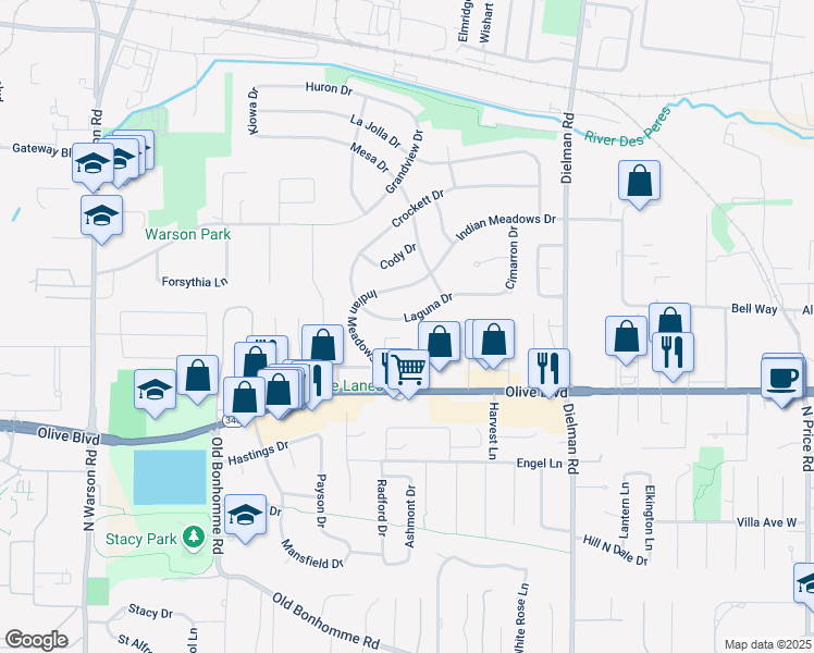 map of restaurants, bars, coffee shops, grocery stores, and more near 9544 Laguna Drive in Olivette
