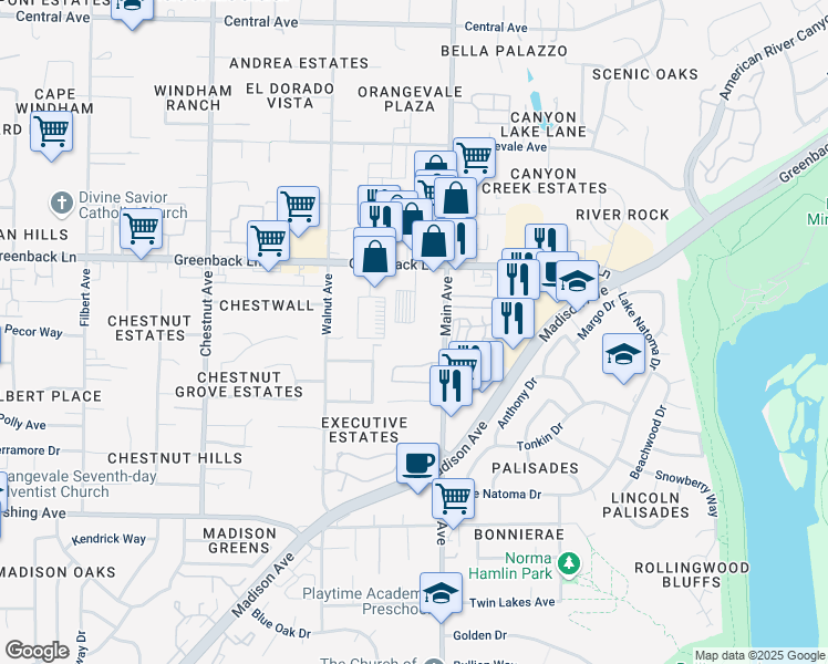 map of restaurants, bars, coffee shops, grocery stores, and more near 6047 Main Avenue in Orangevale