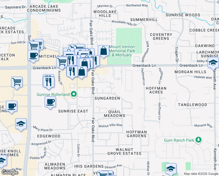 map of restaurants, bars, coffee shops, grocery stores, and more near 8176 Sun Tree Lane in Fair Oaks