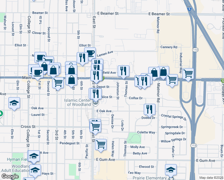 map of restaurants, bars, coffee shops, grocery stores, and more near 1268 Depot Street in Woodland