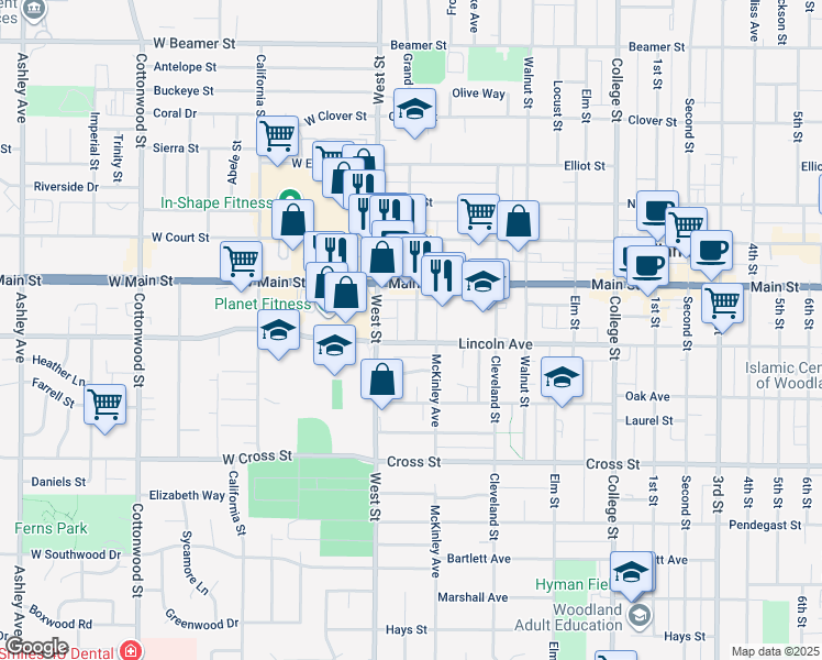 map of restaurants, bars, coffee shops, grocery stores, and more near 115 Lincoln Avenue in Woodland