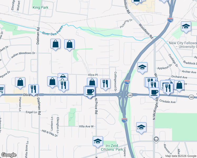 map of restaurants, bars, coffee shops, grocery stores, and more near 1127 Reyem Court in Olivette