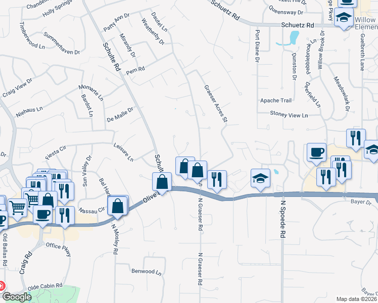 map of restaurants, bars, coffee shops, grocery stores, and more near 20 Country Squire Court in St. Louis
