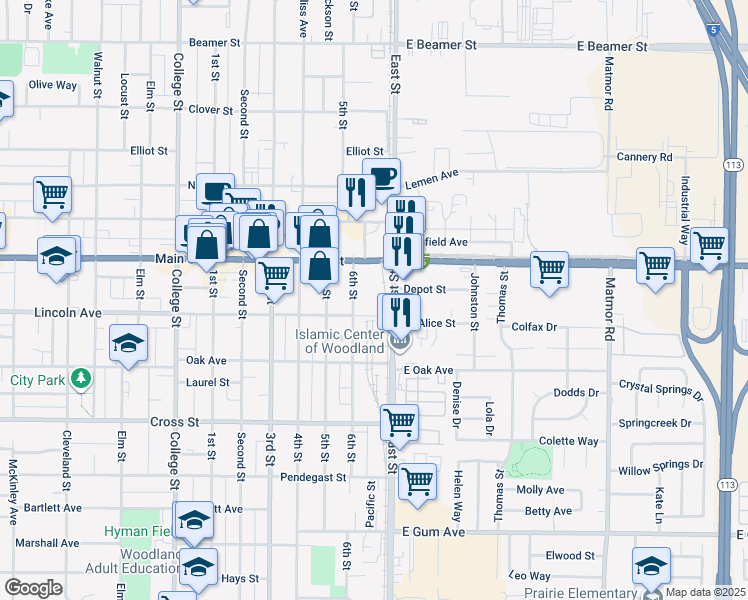map of restaurants, bars, coffee shops, grocery stores, and more near 435 6th Street in Woodland