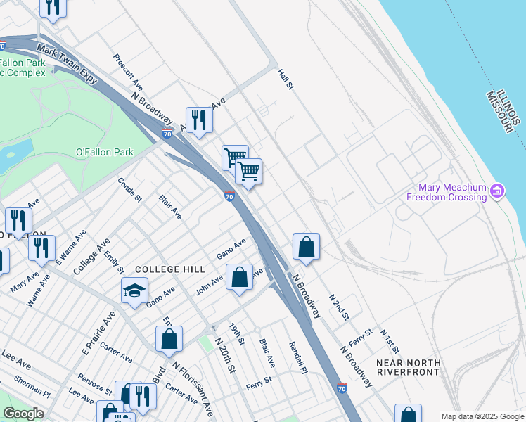 map of restaurants, bars, coffee shops, grocery stores, and more near 4924 North Broadway in St. Louis