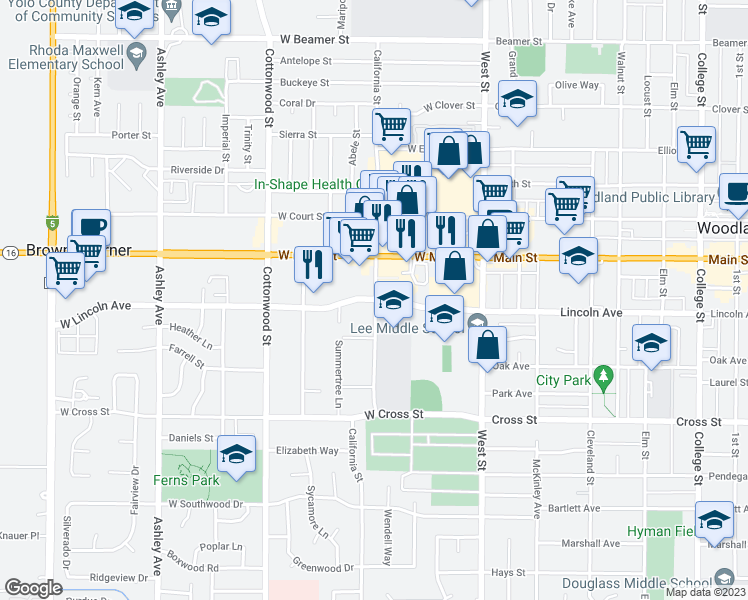 map of restaurants, bars, coffee shops, grocery stores, and more near 101 West Lincoln Avenue in Woodland