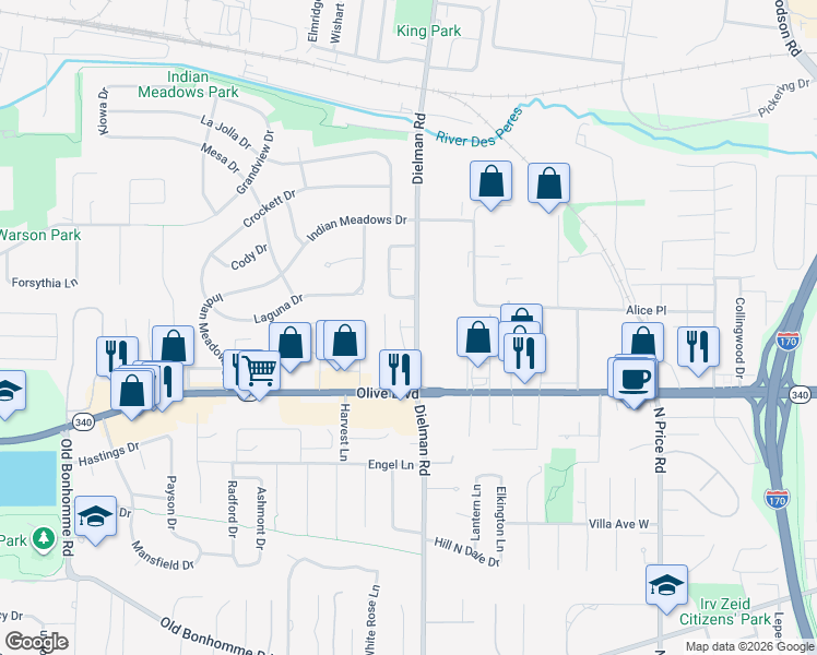 map of restaurants, bars, coffee shops, grocery stores, and more near 1137 Dielman Road in Olivette