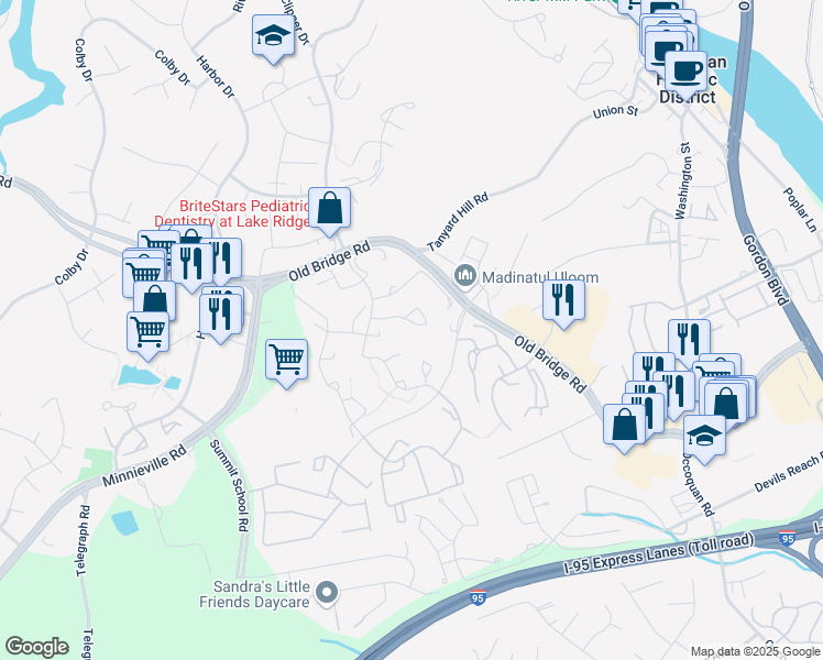 map of restaurants, bars, coffee shops, grocery stores, and more near 1923 Pohick Creek Court in Woodbridge