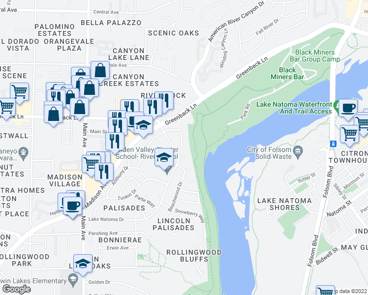 map of restaurants, bars, coffee shops, grocery stores, and more near 6049 Woodminister Circle in Orangevale