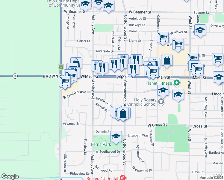 map of restaurants, bars, coffee shops, grocery stores, and more near 626 West Lincoln Avenue in Woodland
