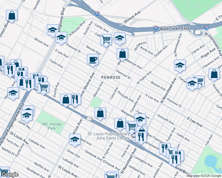 map of restaurants, bars, coffee shops, grocery stores, and more near 4632 Kossuth Avenue in St. Louis