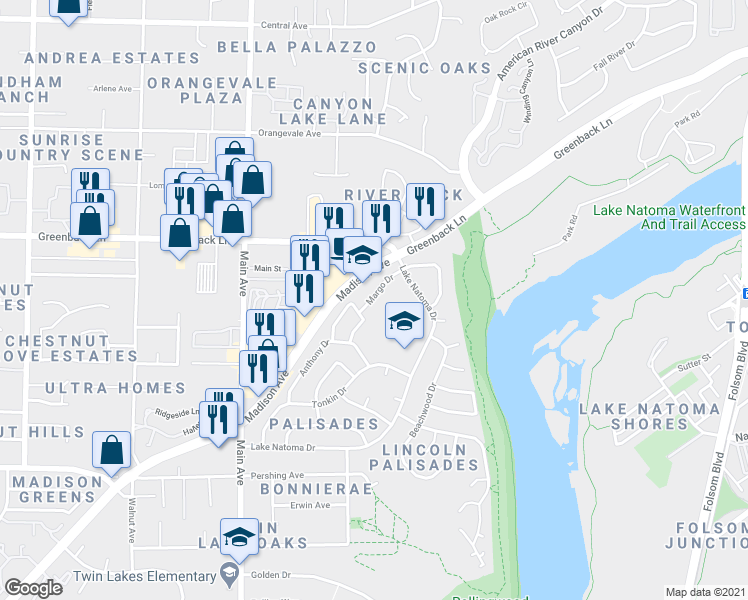 map of restaurants, bars, coffee shops, grocery stores, and more near 6046 Margo Drive in Orangevale