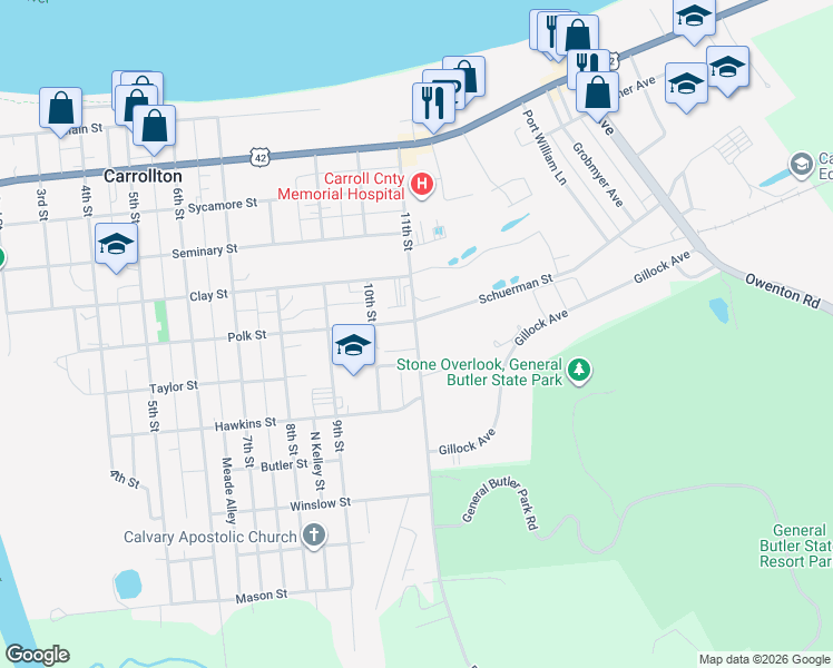 map of restaurants, bars, coffee shops, grocery stores, and more near State Highway 320 in Carrollton