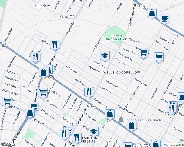 map of restaurants, bars, coffee shops, grocery stores, and more near 5853 Wabada Avenue in St. Louis