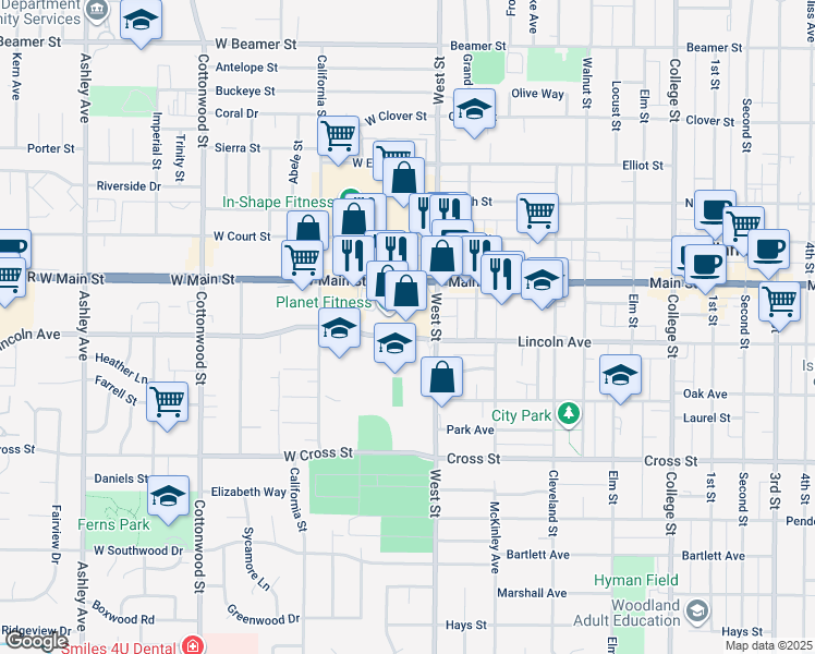 map of restaurants, bars, coffee shops, grocery stores, and more near 15 West Main Street in Woodland