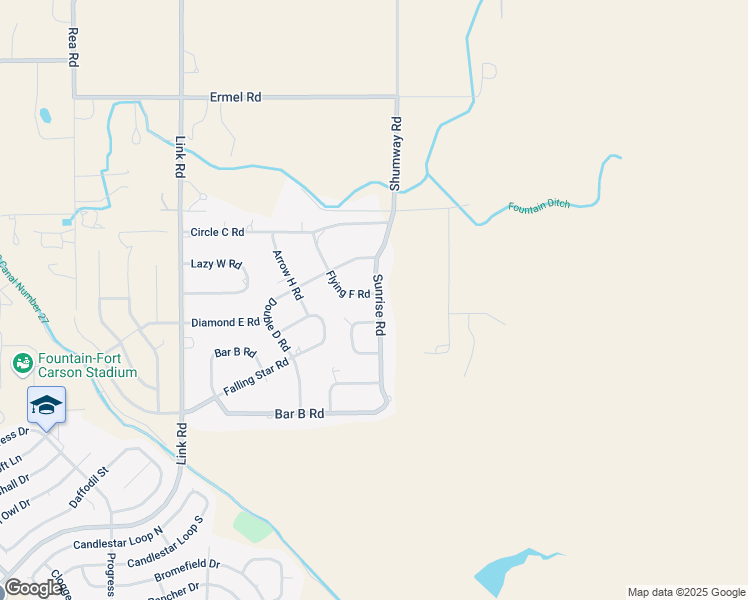 map of restaurants, bars, coffee shops, grocery stores, and more near 10760 Flying F Road in Fountain