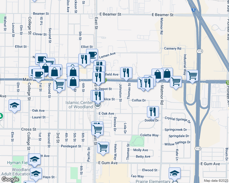 map of restaurants, bars, coffee shops, grocery stores, and more near 1268 Depot Street in Woodland