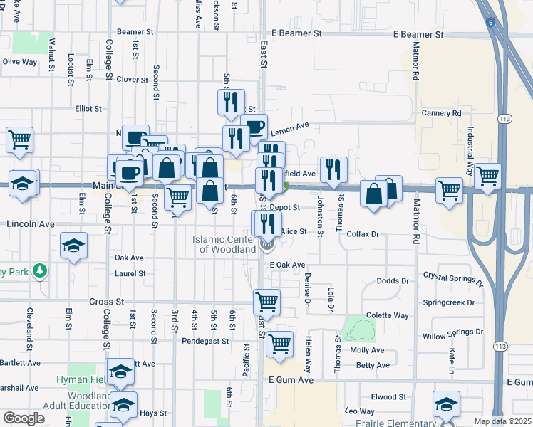 map of restaurants, bars, coffee shops, grocery stores, and more near 500-598 East St in Woodland