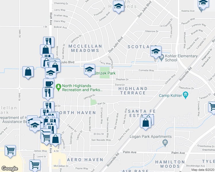 map of restaurants, bars, coffee shops, grocery stores, and more near 3908 David Drive in North Highlands